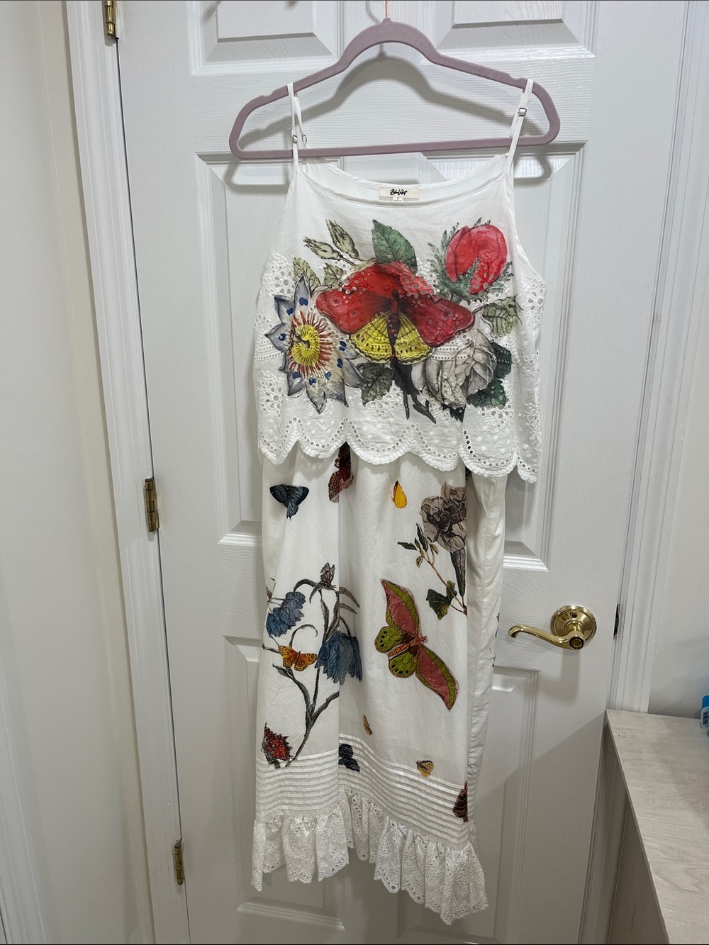 White Eyelet Dress with Multicolor Floral & Butterfly Print